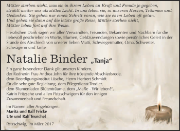 Traueranzeige von Natalie Binder von Super Sonntag Wittenberg