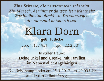 Traueranzeige von Klara Dorn von WVG - Wochenspiegel Dessau / Köthen