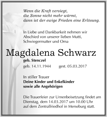 Traueranzeige von Magdalena Schwarz von Mitteldeutsche Zeitung Merseburg/Querfurt