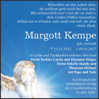 Traueranzeige von Margott Kempe von WVG - Wochenspiegel Bitterfeld