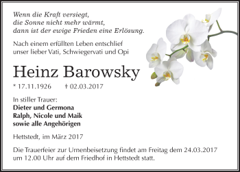 Traueranzeige von Heinz Barowsky von Mitteldeutsche Zeitung Mansfelder Land