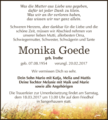 Traueranzeige von Monika Goede von Super Sonntag SGH Mansf. Land