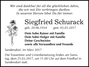 Traueranzeige von Siegfried Schurack von Mitteldeutsche Zeitung Bitterfeld