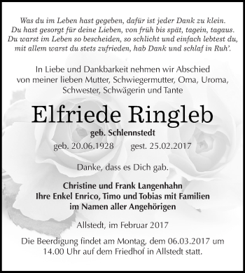 Traueranzeige von Elfriede Ringleb von Super Sonntag SGH Mansf. Land