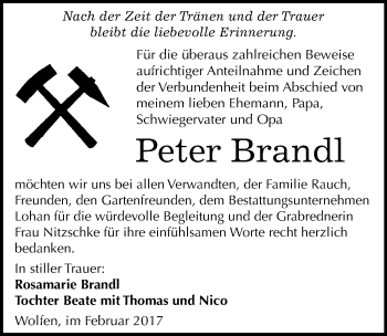 Traueranzeige von Peter Brandl von Mitteldeutsche Zeitung Bitterfeld