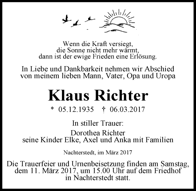  Traueranzeige für Klaus Richter vom 08.03.2017 aus Mitteldeutsche Zeitung Aschersleben