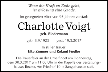 Traueranzeige von Charlotte Voigt von Super Sonntag SGH Mansf. Land