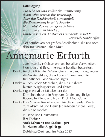 Traueranzeige von Annemarie Erfurth von Mitteldeutsche Zeitung Naumburg/Nebra