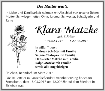 Traueranzeige von Klara Matzke von Mitteldeutsche Zeitung Mansfelder Land