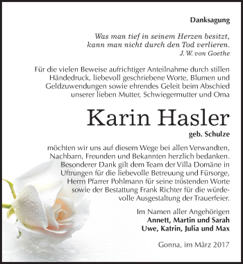 Traueranzeige von Karin Hasler von Mitteldeutsche Zeitung Sangerhausen
