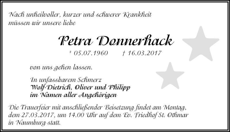  Traueranzeige für Petra Donnerhack vom 22.03.2017 aus Mitteldeutsche Zeitung