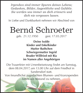 Traueranzeige von Bernd Schroeter von WVG - Wochenspiegel Bitterfeld