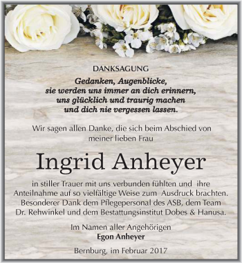 Traueranzeige von Ingrid Anheyer von Mitteldeutsche Zeitung Bernburg