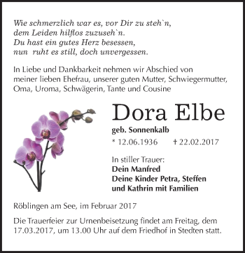 Traueranzeige von Dora Elbe von Mitteldeutsche Zeitung Mansfelder Land