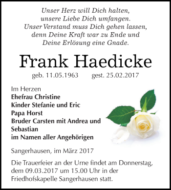 Traueranzeige von Frank Haedicke von Super Sonntag SGH Mansf. Land