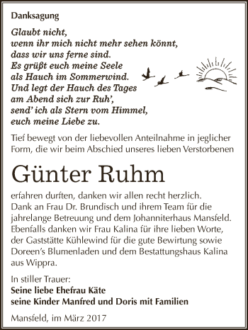 Traueranzeige von Günter Ruhm von Super Sonntag SGH Mansf. Land