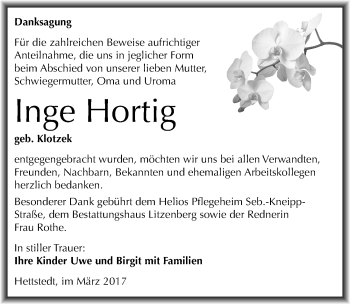 Traueranzeige von Inge Hortig von Mitteldeutsche Zeitung Mansfelder Land