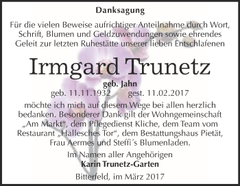 Traueranzeige von Irmgard Trunetz von WVG - Wochenspiegel Bitterfeld