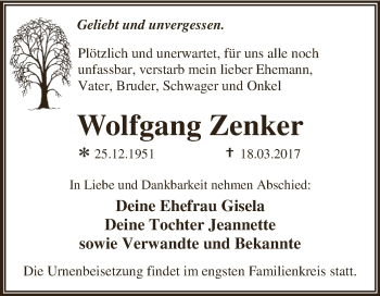 Traueranzeige von Wolfgang Zenker von Super Sonntag Wittenberg