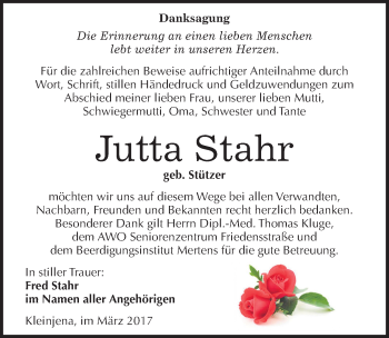 Traueranzeige von Jutta Stahr von Mitteldeutsche Zeitung Naumburg/Nebra