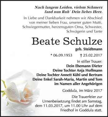 Traueranzeige von Beate Schulze von Mitteldeutsche Zeitung Merseburg/Querfurt