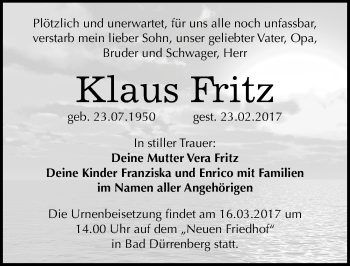 Traueranzeige von Klaus Fritz von Mitteldeutsche Zeitung Merseburg/Querfurt