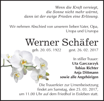 Traueranzeige von Werner Schäfer von Mitteldeutsche Zeitung Mansfelder Land