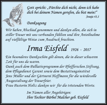 Traueranzeige von Irma Eisfeld von Mitteldeutsche Zeitung Aschersleben