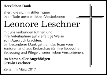 Traueranzeige von Leonore Leschner von Mitteldeutsche Zeitung Zeitz