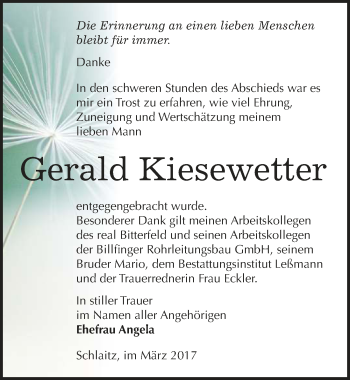 Traueranzeige von Gerald Kiesewetter von Mitteldeutsche Zeitung Bitterfeld