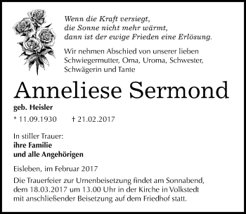 Traueranzeige von Anneliese Sermond von Mitteldeutsche Zeitung Mansfelder Land