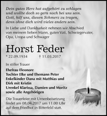 Traueranzeige von Horst Feder von Mitteldeutsche Zeitung Bitterfeld