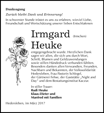 Traueranzeige von Irmgard  Heuke von Mitteldeutsche Zeitung Quedlinburg