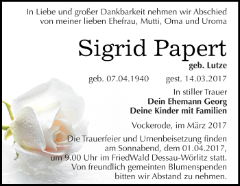 Traueranzeige von Sigrid Papert von WVG - Wochenspiegel Dessau / Köthen