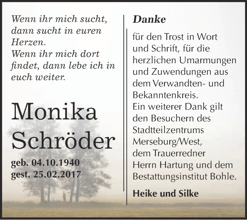  Traueranzeige für Monika Schröder vom 18.03.2017 aus Super Sonntag Halle