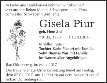 Traueranzeige von Gisela Piur von Super Sonntag Halle