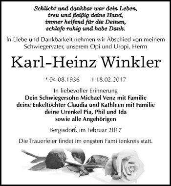 Traueranzeige von Karl Heinz Winkler von Mitteldeutsche Zeitung Zeitz