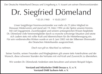 Traueranzeige von Siegfried Dömeland von WVG - Wochenspiegel Dessau / Köthen