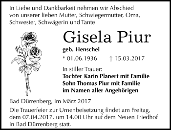 Traueranzeige von Gisela Piur von Mitteldeutsche Zeitung Merseburg/Querfurt
