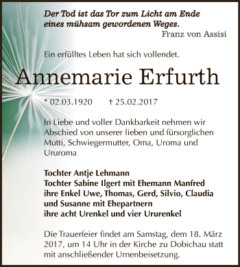 Traueranzeige von Annemarie Erfurth von WVG - Wochenspiegel NMB / WSF / ZTZ