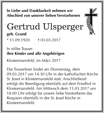 Traueranzeige von Gertrud Ulsperger von Mitteldeutsche Zeitung Mansfelder Land