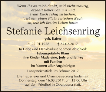 Traueranzeige von Stefanie Leichsenring von Mitteldeutsche Zeitung Merseburg/Querfurt