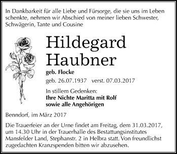 Traueranzeige von Hildegard Haubner von Mitteldeutsche Zeitung Mansfelder Land