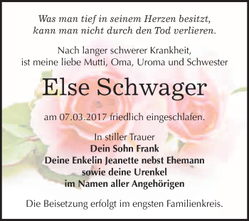 Traueranzeige von Else Schwager von WVG - Wochenspiegel Bitterfeld