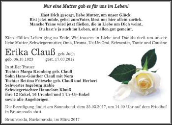 Traueranzeige von Erika Clauß von WVG - Wochenspiegel NMB / WSF / ZTZ