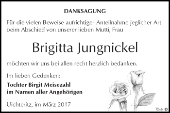 Traueranzeige von Brigitta Jungnickel von WVG - Wochenspiegel NMB / WSF / ZTZ