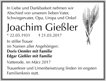 Traueranzeige von Joachim Gießler von Mitteldeutsche Zeitung Mansfelder Land