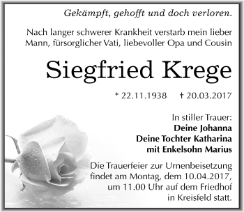 Traueranzeige von Siegfried Krege von Mitteldeutsche Zeitung Mansfelder Land