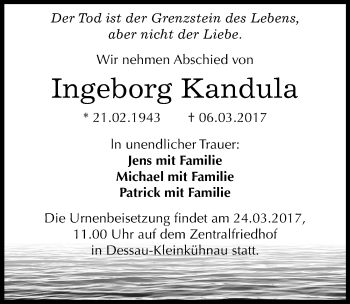 Traueranzeige von Ingeborg Kandula von Mitteldeutsche Zeitung Dessau-Roßlau