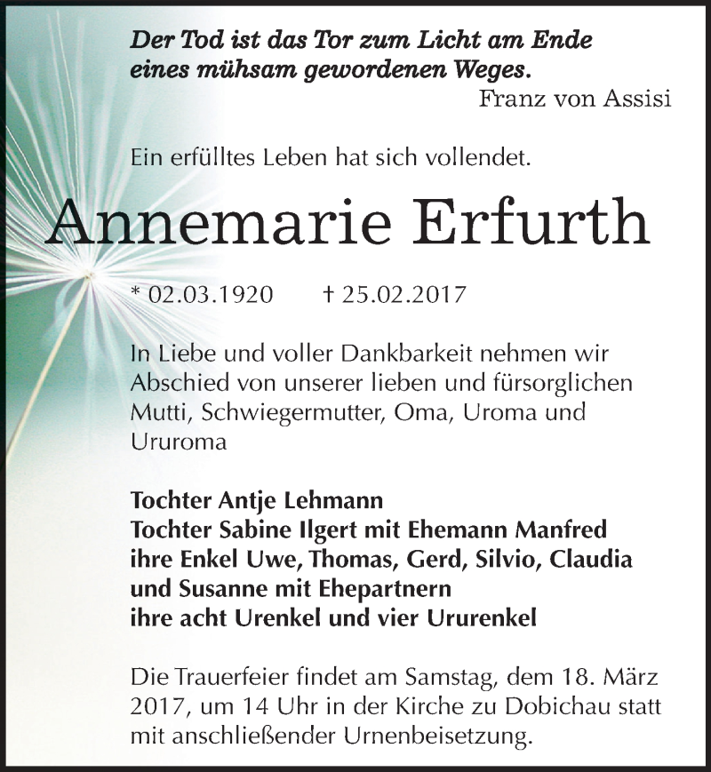  Traueranzeige für Annemarie Erfurth vom 08.03.2017 aus Mitteldeutsche Zeitung Weißenfels